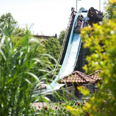 In einem Baumstamm die spritzige Schussfahrt unserer Wildwasserbahn erleben.